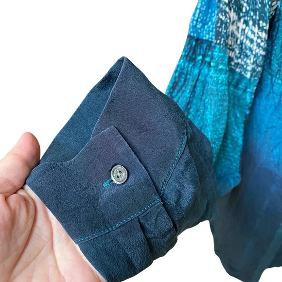 Ecru Silk Blouse Navy Cream Turquoise V-Neck Hidden Button Work Top M - Picture 6 of 13